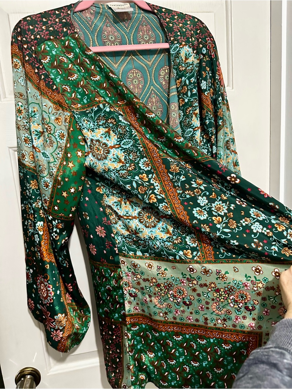 Earthbound Bohemian Patchwork Open Kimono Jacket - Multi Green - Picture 3 of 7